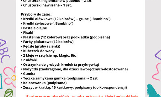 Wyprawka dla dzieci zapisanych do oddziału przedszkolnego 3,4,5 - latki